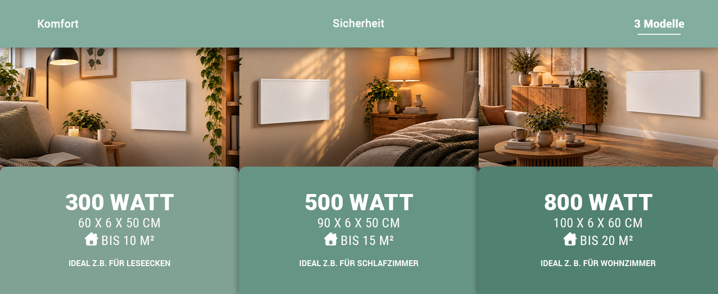 Heidenfeld Infrarotheizung HF-HP140 – 300, 500 und 800 Watt Modelle Drei Größen der Heidenfeld Infrarotheizung HF-HP140: 300 W bis 10 m², 500 W bis 15 m² und 800 W bis 20 m².
